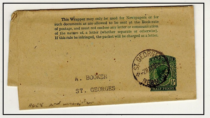 BERMUDA - 1937 1/2d green on buff postal stationery wrapper used locally at ST.GEORGES. H&G 8. 
