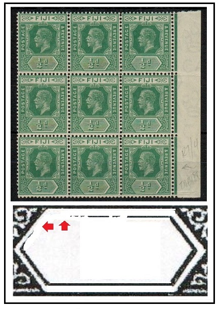 FIJI - 1917 1/2d blue green u/m block of 9 with 