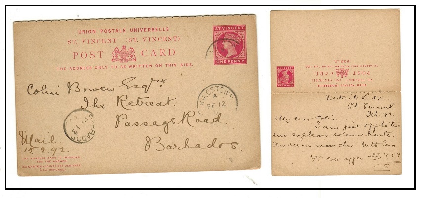 ST.VINCENT - 1884 1d+1d carmine PSRC to Barbados used at KINGSTOWN.  H&G 4.