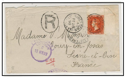 ST.VINCENT - 1899 1/- rate registered cover addressed to France used at KINGSTOWN.