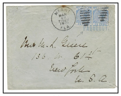 BAHAMAS - 1901 5d rate cover to USA cancelled PAQUEBOT in blue.
