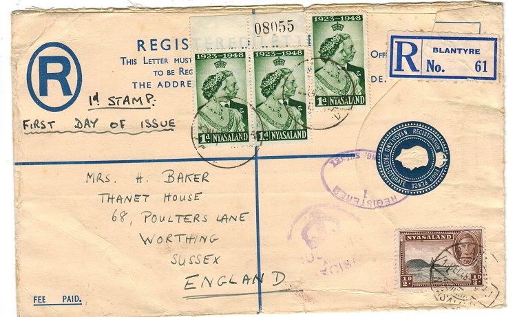 NYASALAND - 1938 4d RPSE used to UK from BLANTYRE.  H&G 3b.