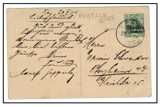 MOROCCO AGENCIES - 1914 5c on 5 pfg postcard use to Germany used at FES/MAROKKO.