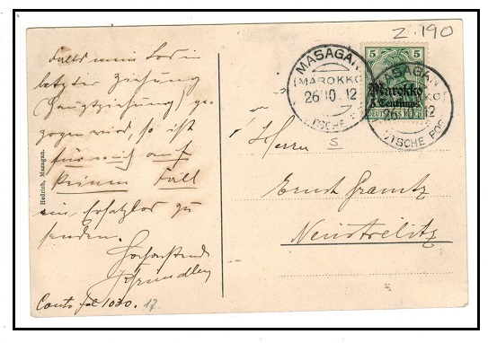 MOROCCO AGENCIES - 1912 5c on 5pfg postcard use to Germany used at MASAGAN/MAROKKO.