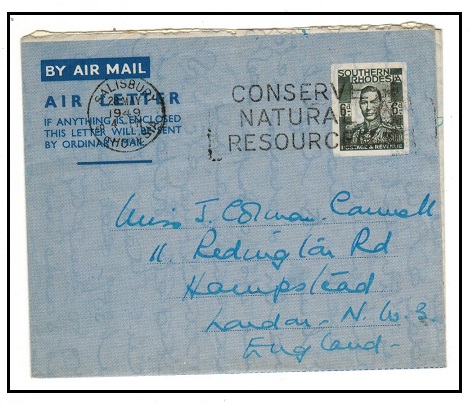 SOUTHERN RHODESIA - 1948 6d dark greenish grey postal stationery air letter to UK. H&G 4.