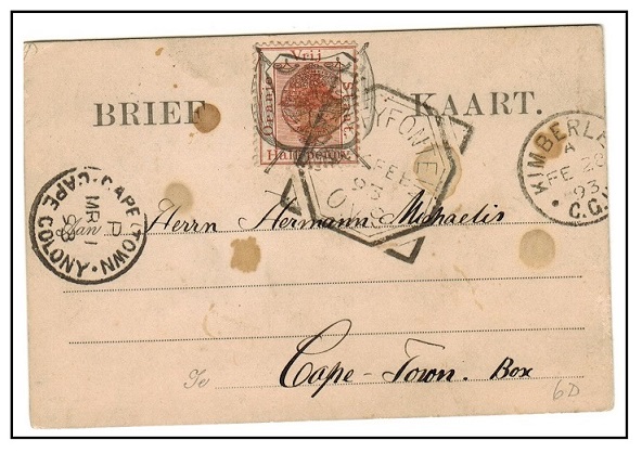 ORANGE FREE STATE - 1891 1/2d brown PSC to Cape Town used at BLOEMFONTEIN.  H&G 6d.