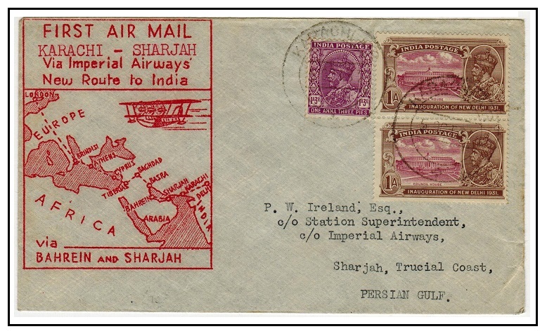 BR.P.O.IN E.A. (Sharjah) - 1932 inward first flight cover from India.