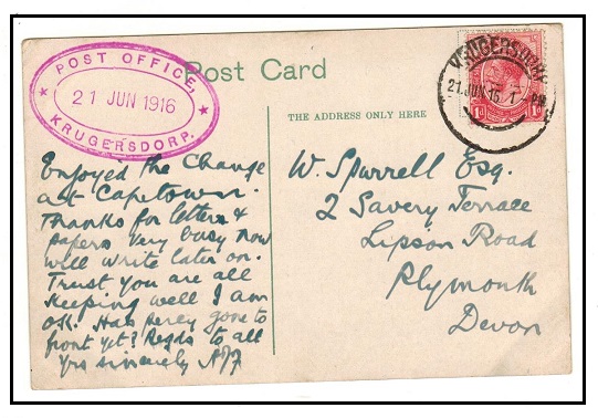 SOUTH AFRICA - 1915 1d rate postcard use to UK used at KRUGERSDORP.