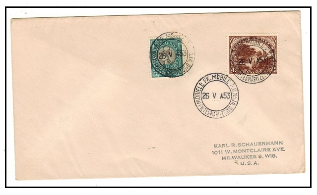 SOUTH AFRICA - 1953 1 1/2d rate cover to USA used at MOBILE No.14/PIETERMARITZBURG.