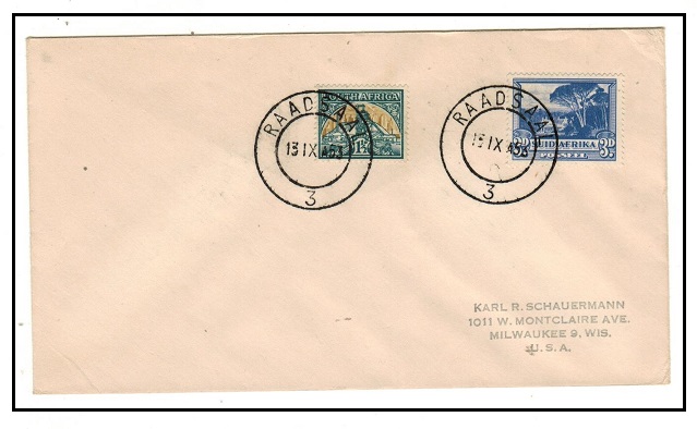 SOUTH AFRICA - 1953 4 1/2d rate cover to USA used at RAADSAL/3.