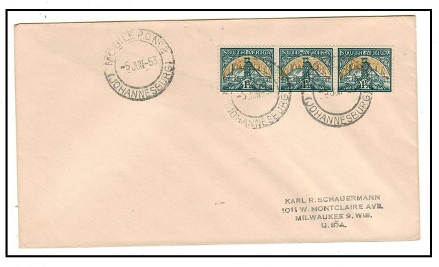 SOUTH AFRICA - 1953 4 1/2d rate cover to USA used at MOBILE No.2/JOHANNESBURG.