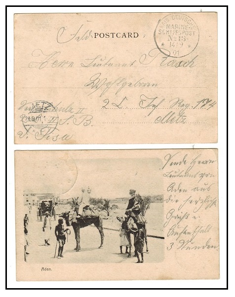 ADEN - 1901 stampless postcard used to Germany on SCHIFFSPOST/No.13 maritime boat.