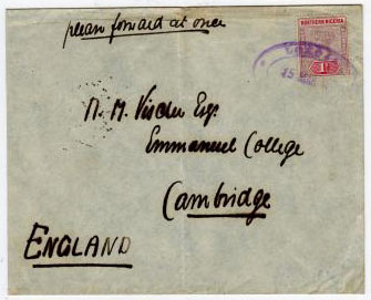 NORTHERN NIGERIA - 1900 LOKOJA POST OFFICE violet oval strike on cover to UK.