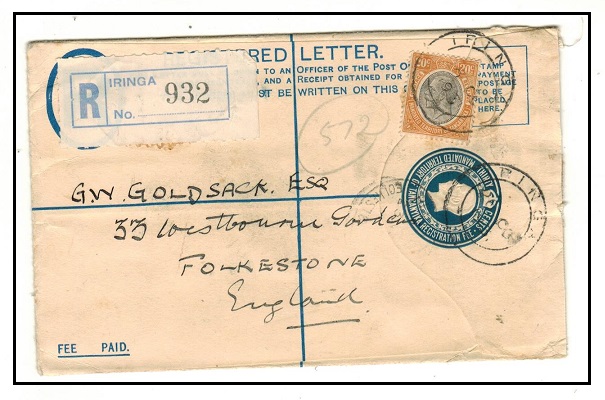 TANGANYIKA - 1928 30c blue RPSE uprated to UK used at IRINGA.  Unlisted by H&G in this size.