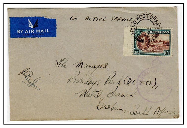 GOLD COAST - 1942 1/3d rate censored cover to South Africa used at FIELD POST OFFICE/109.