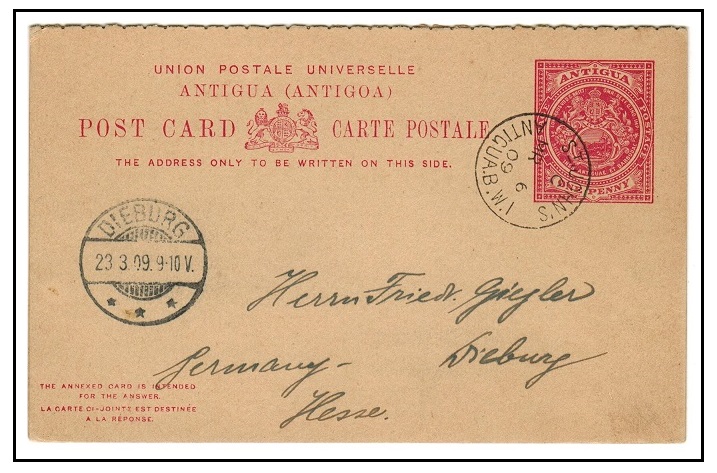 ANTIGUA - 1903 1d+1d carmine rose PSRC to Germany used at ST.JOHNS.  H&G 8.