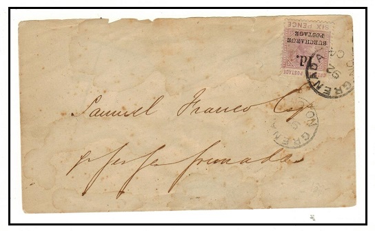 GRENADA - 1892 local cover use (faults) with 1d on 6d surcharge 