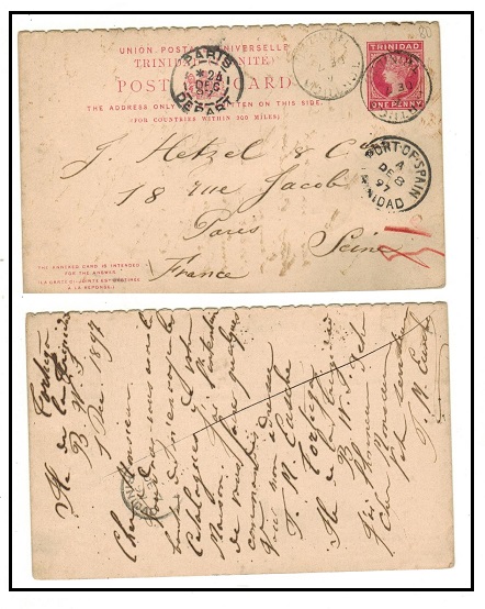 TRINIDAD AND TOBAGO - 1884 outward section of 1d+1d PSRC to France used at TORTUCA.  H&G 6.