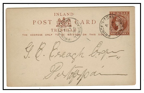 TRINIDAD AND TOBAGO - 1884 1/2d reddish brown PSC used locally at PRINCES TOWN.  H&G 2.