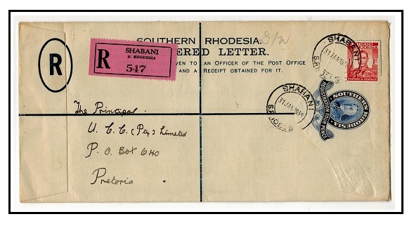 SOUTHERN RHODESIA - 1931 4d dark blue RPSE to Pretoria used at SHABANI.  H&G 2a.