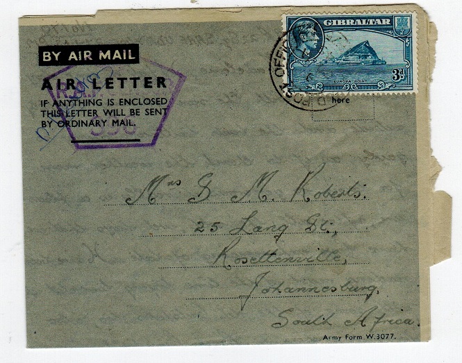 GIBRALTAR - 1945 FORMULA air letter used at FPO 475 with RAF censor.