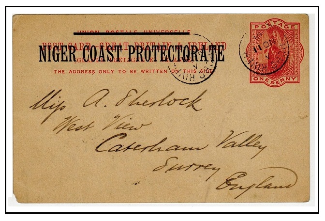 NIGER COAST - 1895 1d vermilion PSC to UK used at OPOBO RIVER.  H&G 3.