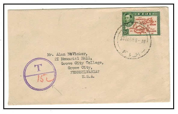 FIJI - 1951 2 1/2d underpaid tax cover to UK used at SUVA.