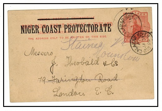 NIGER COAST - 1895 1d vermilion PSC to UK used at OLD CALABAR RIVER.  H&G 3.