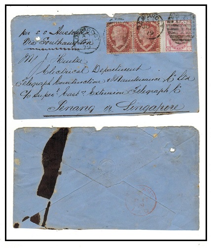 MALAYA - 1879 inward cover from UK with red PENANG/PAID arrival b/s.