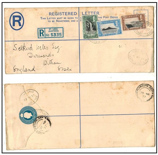 ST.LUCIA - 1923 3d blue RPSE (size H2) uprated to UK and used at CASTRIES.  H&G 4b.