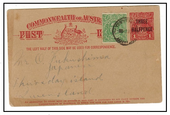 AUSTRALIA - 1919 1 1/2don 1d red PSC uprated locally at TOWNSVILLE.  H&G 11.