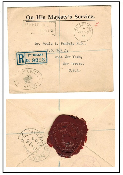 ST.HELENA - 1946 OHMS registered cover struck OFFICIAL PAID with Government red wax on reverse.