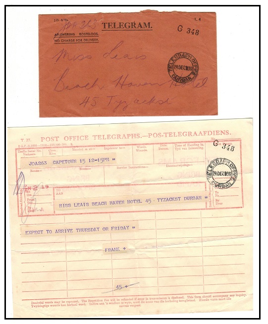 SOUTH AFRICA - 1939 TELEGRAM envelope used at TELEGRAPH OFFICE/DURBAN with original telegram.