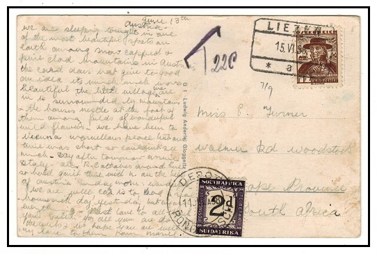 SOUTH AFRICA - 1938 inward underpaid postcard from Austria with 2d 