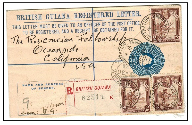 BRITISH GUIANA - 1923 6c deep blue RPSE uprated to USA.  H&G 9b.