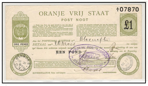 ORANGE FREE STATE - 1898 1 + (3d poundage) olive green POSTAL ORDER cancelled at WINBURG .  H&G 10.
