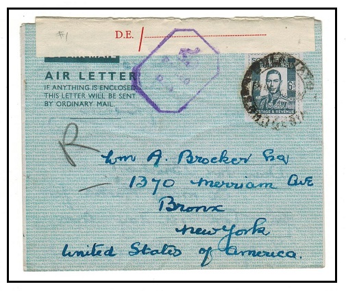 SOUTHERN RHODESIA - 1944 6d grey air letter censored at BULAWAYO.  H&G 1.