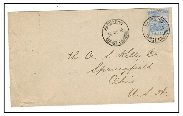 BARBADOS - 1910 2 1/2d rate cover to USA used at CHRIST CHURCH.