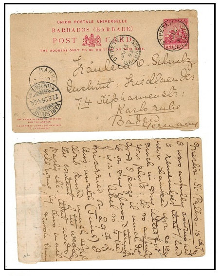 BARBADOS - 1892 1d red outward section of the 1d+1d PSRC to Germany used at ST.PETERS.  H&G 10.