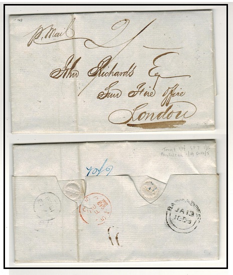 BARBADOS - 1853 2/- rated entire to UK with double arc BARBADOS b/s.