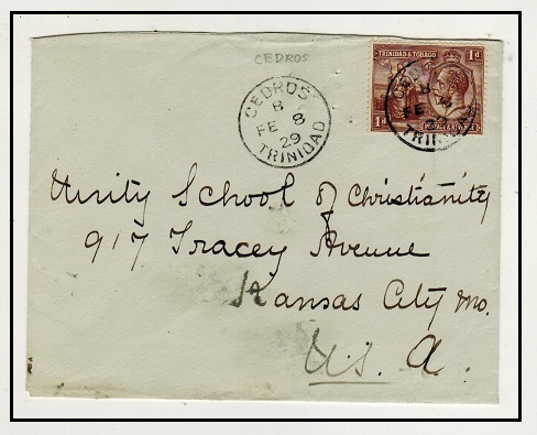 TRINIDAD AND TOBAGO - 1929 1d rate cover to USA used at CEDROS.