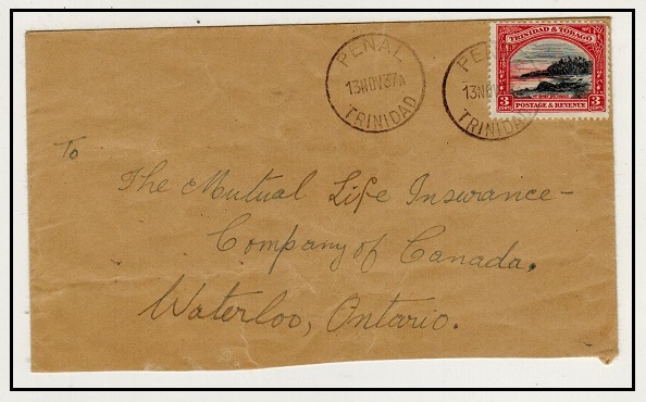 TRINIDAD AND TOBAGO - 1937 3c rate cover to Canada used at PENAL.