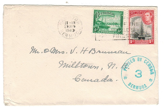 BERMUDA - 1940 cover to Canada with PASSED BY CENSOR 3/BERMUHA h/s in green.