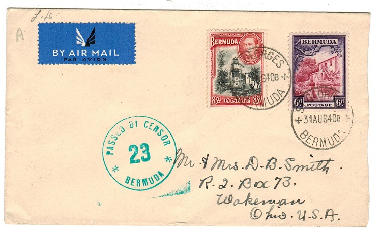 BERMUDA - 1940 cover to USA with PASSED BY CENSOR/23/BERMUDA h/s in green.
