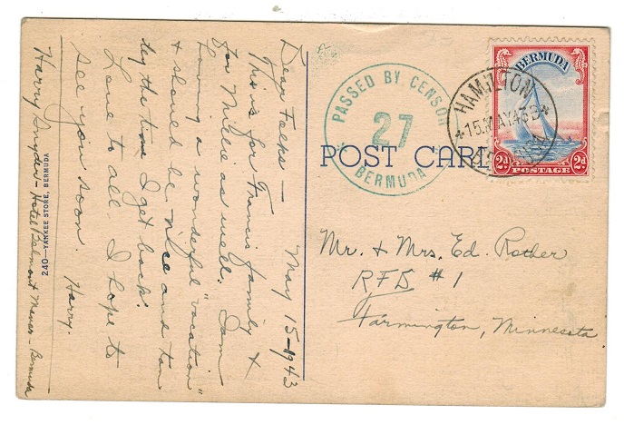 BERMUDA - 1944 postcard to USA with PASSED BY CENSOR/27/BERMUDA h/s in green.