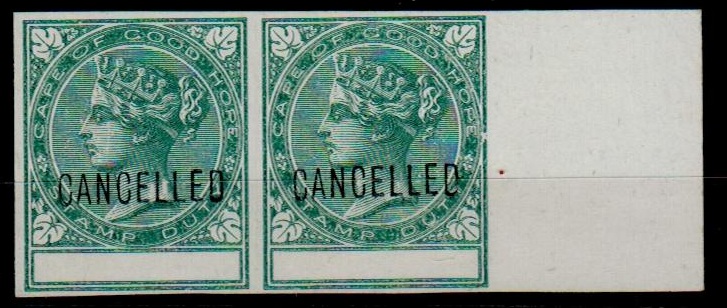 CAPE OF GOOD HOPE - 1874 undenominated STAMP DUTY proof pair overprinted CANCELLED.