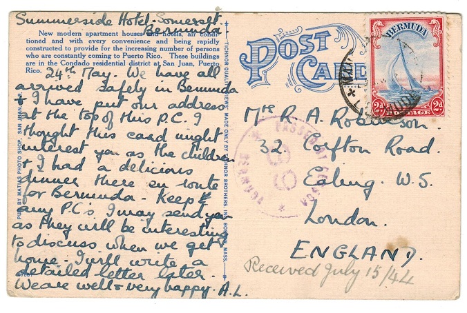 BERMUDA - 1944 postcard addressed to UK with PASSED BY CENSOR/39/BERMUDA h/s in violet.