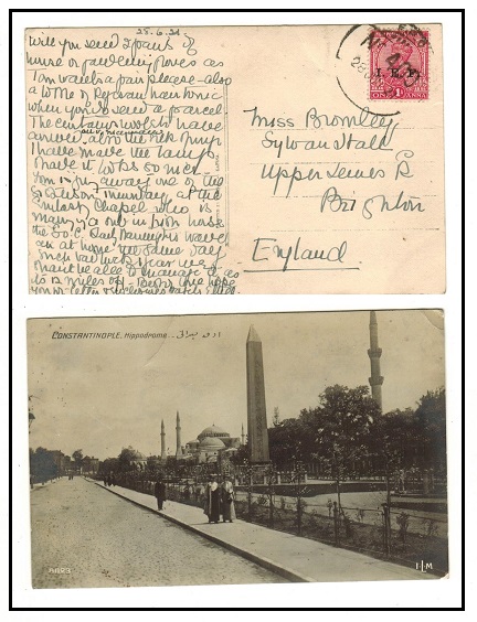 BRITISH LEVANT - 1921 postcard use to UK with Indian 1a adhesive tied FPO/No.400.