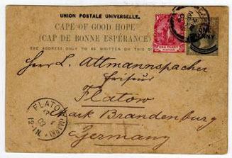 CAPE OF GOOD HOPE - 1897 1d on 1 1/2d PRIVATELY PRINTED coloured PSC to germany.  H&G 12a.