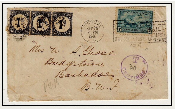 BARBADOS - 1946 inward underpaid cover from Canada with 1d black 